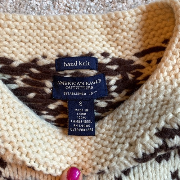 Vintage Y2K American Eagle hand knit alpine lambswool cream and brown sweater - Picture 3 of 7